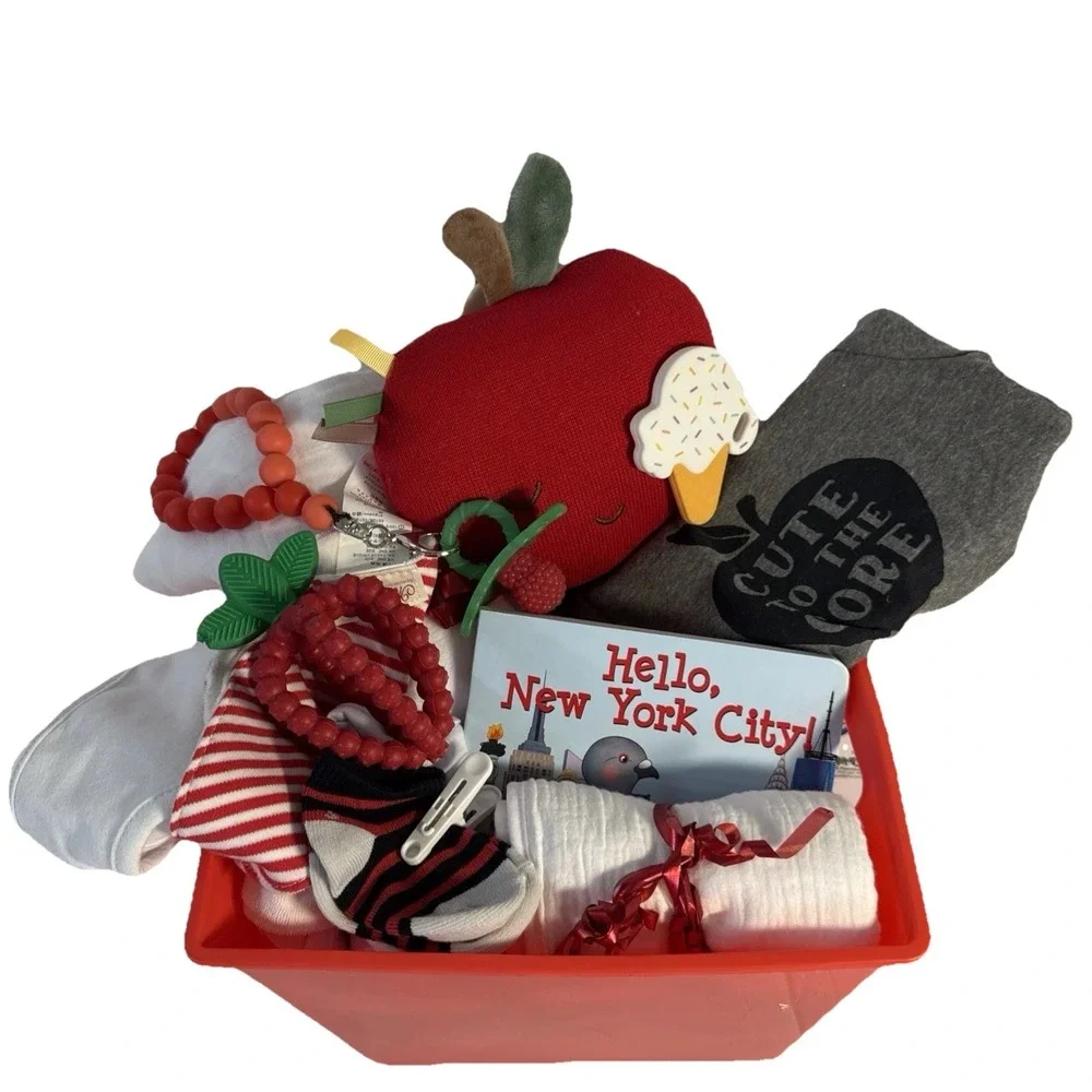 Hello New York City Baby Gift Basket Apple Lovey Teether Blanket Bibs Bodysuit